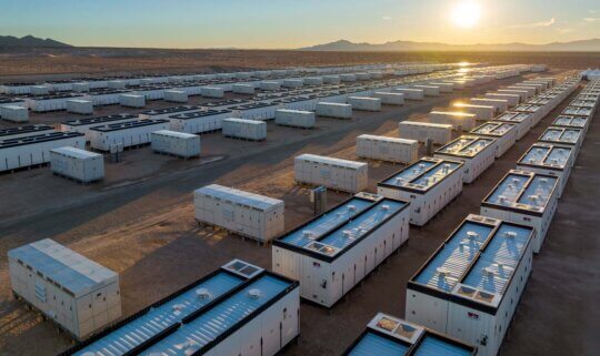 An aerial image of clean energy storage with a golden sun low in the sky casting rays across the renewable energy storage facility.